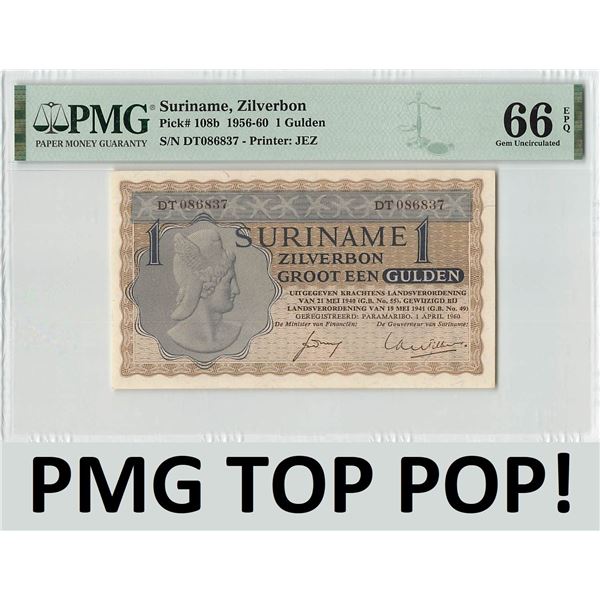 Suriname 1 Gulden 1960 JEZ Pick 108b PMG Gem Uncirculated 66 EPQ TOP POP