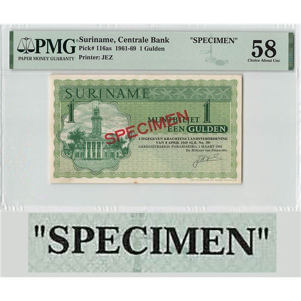 Suriname 1 Gulden 1965 Specimen Pick 116as PMG Choice About UNC 58
