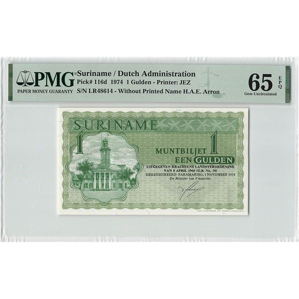 Suriname 1 Gulden 1974 State Note JEZ Pick 116d PMG Gem UNC 65 EPQ