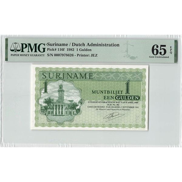 Suriname 1 Gulden 1982 State Note Pick 116f PMG Gem Uncirculated 65 EPQ