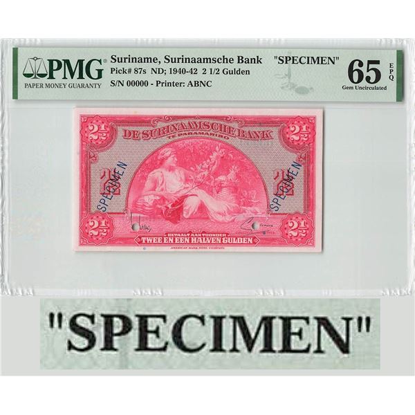 Suriname 2½ Gulden 1942 Specimen ABNC Pick 87s PMG Gem UNC 65 EPQ