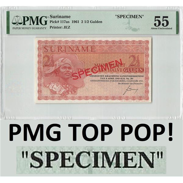 Suriname 2½ Gulden 1961 Specimen Pick 117as PMG About Uncirculated 55 TOP POP