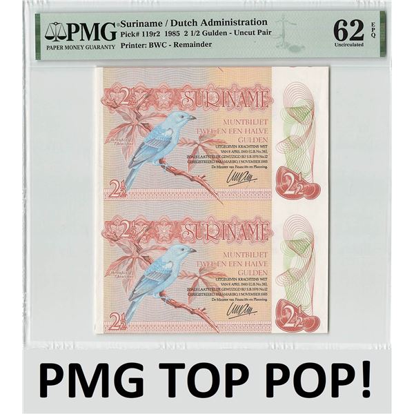 Suriname 2x 2½ Gulden 1985 Uncut Pair Remainder Pick 119r2 PMG UNC 62 EPQ TOP POP