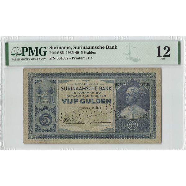 Suriname 5 Gulden 1935 JEZ Pick 85 PMG Fine 12