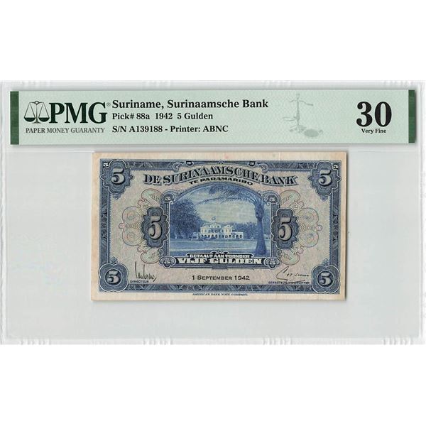 Suriname 5 Gulden 1942 ABNC 01.09.1942 Pick 88a PMG Very Fine 30