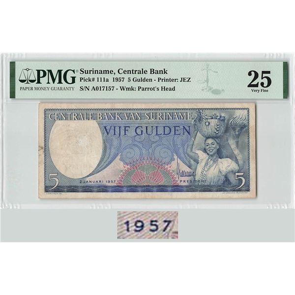 Suriname 5 Gulden 1957 JEZ Pick 111a PMG Very Fine 25