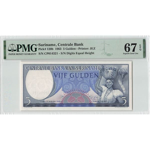 Suriname 5 Gulden 1963 JEZ Pick 120b PMG Superb Gem UNC 67 EPQ