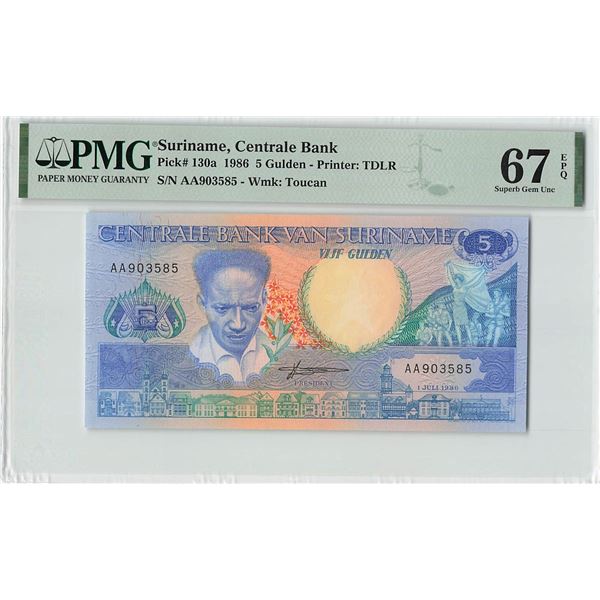 Suriname 5 Gulden 1986 TDLR Pick 130a PMG Superb Gem UNC 67 EPQ
