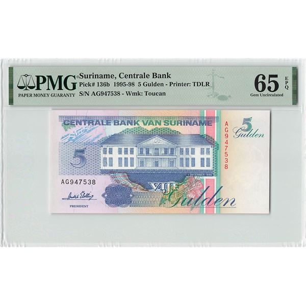 Suriname 5 Gulden 1996 TDLR Pick 136b PMG Gem Uncirculated 65 EPQ