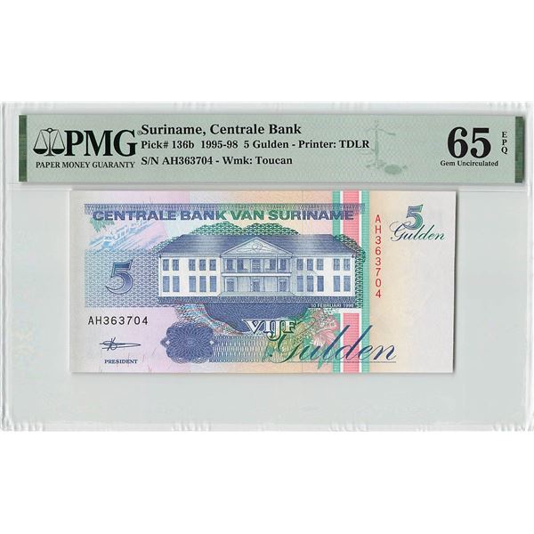 Suriname 5 Gulden 1998 TDLR Pick 136b PMG Gem Uncirculated 65 EPQ