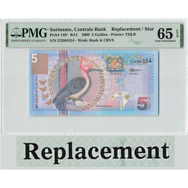 Suriname 5 Gulden 2000 Replacement TDLR Pick 146 PMG Gem UNC 65 EPQ