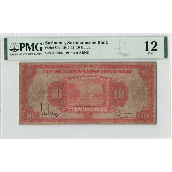 Suriname 10 Gulden 1942 Pick 89a PMG Fine 12