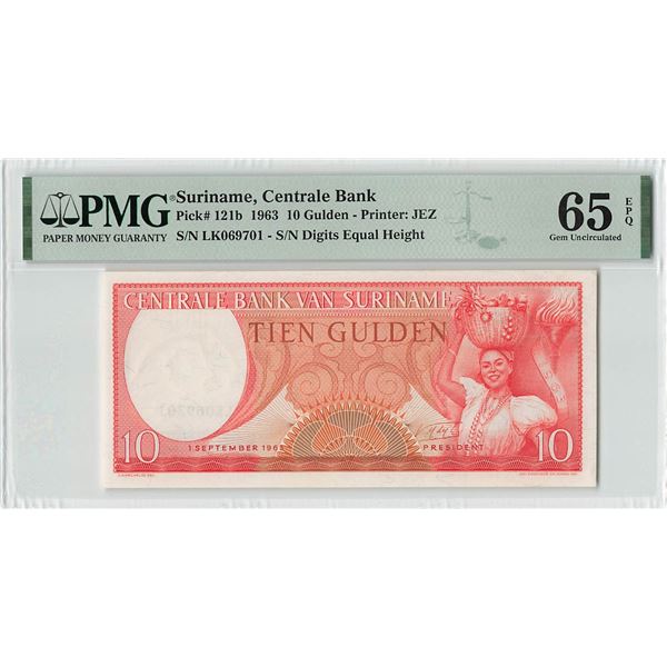 Suriname 10 Gulden 1963 JEZ Pick 121b PMG Gem UNC 65 EPQ