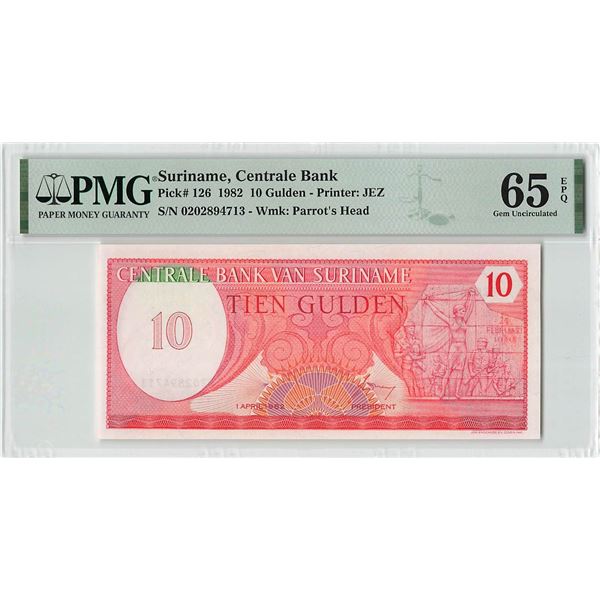 Suriname 10 Gulden 1982 JEZ Pick 126 PMG Gem Uncirculated 65 EPQ