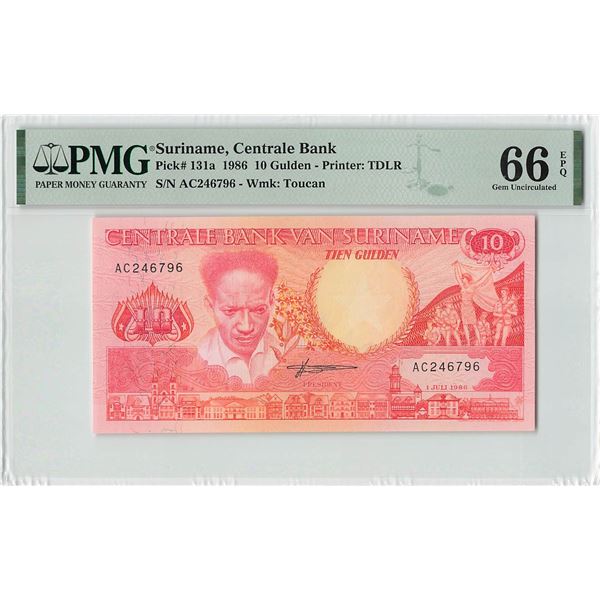 Suriname 10 Gulden 1986 TDLR Pick 131a PMG Gem UNC 66 EPQ
