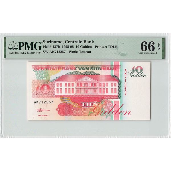 Suriname 10 Gulden 1998 TDLR Pick 137b PMG Gem Uncirculated 66 EPQ