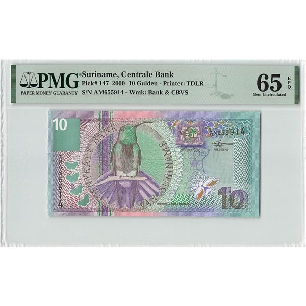 Suriname 10 Gulden 2000 TDLR Pick 147 PMG Gem UNC 65 EPQ