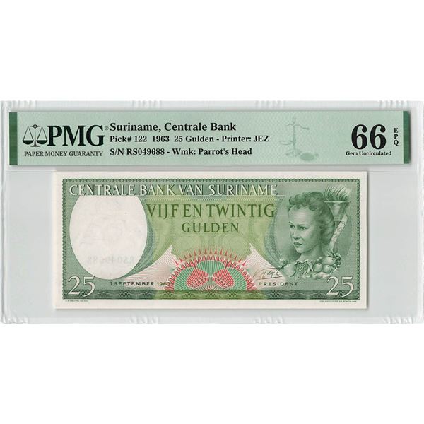 Suriname 25 Gulden 1963 JEZ Pick 122 PMG Gem Uncirculated 66 EPQ