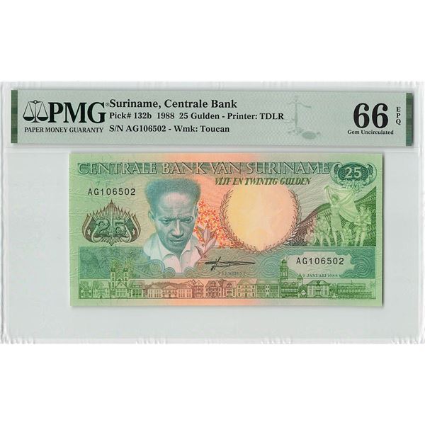 Suriname 25 Gulden 1988 TDLR Pick 132b PMG Gem Uncirculated 66 EPQ