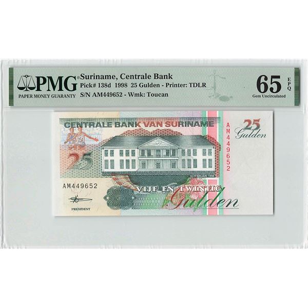 Suriname 25 Gulden 1998 TDLR Pick 138d PMG Gem Uncirculated 65 EPQ