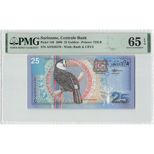Suriname 25 Gulden 2000 TDLR Pick 148 PMG Gem Uncirculated 65 EPQ