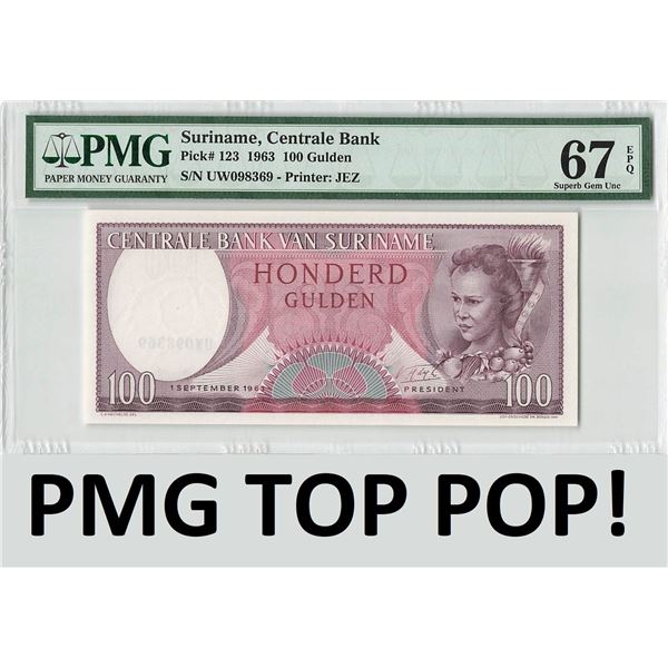 Suriname 100 Gulden 1963 JEZ Pick 123 PMG Superb Gem UNC 67 EPQ TOP POP
