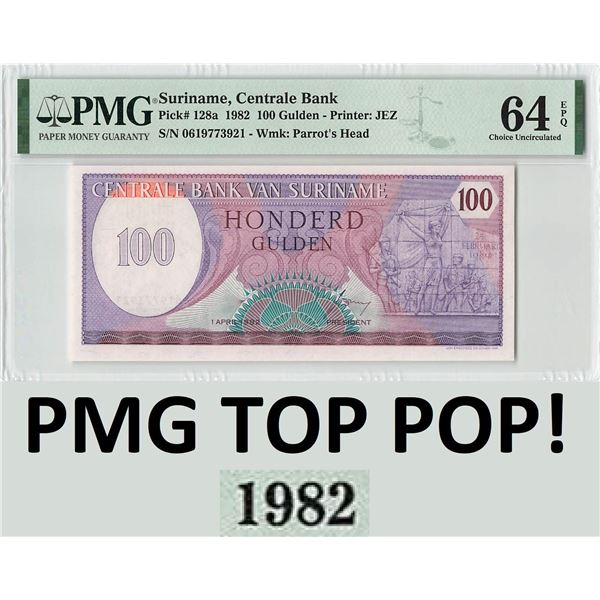 Suriname 100 Gulden 1982 JEZ Pick 128a PMG Choice UNC 64 EPQ TOP POP