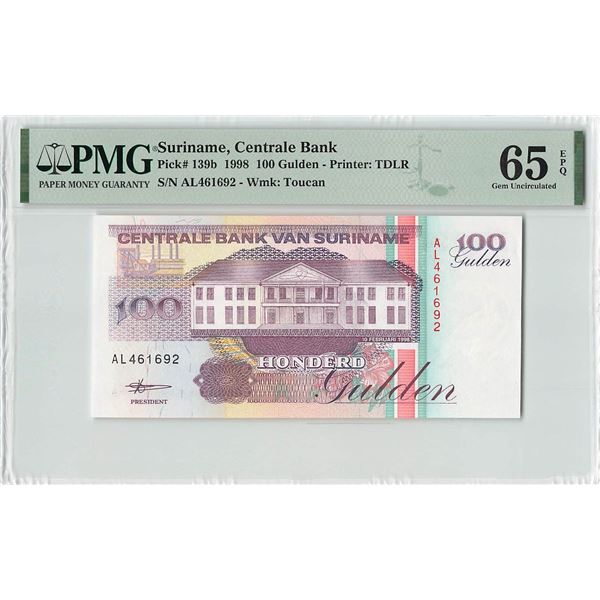 Suriname 100 Gulden 1998 TDLR Pick 139b PMG Gem Uncirculated 65 EPQ