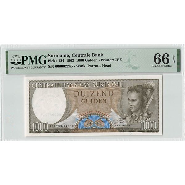 Suriname 1000 Gulden 1963 JEZ Pick 124 PMG Gem Uncirculated 66 EPQ