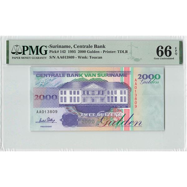 Suriname 2000 Gulden 1995 TDLR Pick 142 PMG Gem Uncirculated 66 EPQ