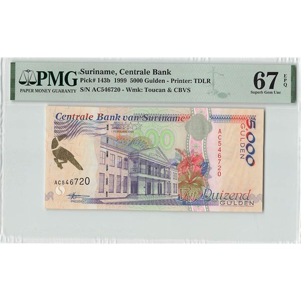 Suriname 5000 Gulden 1999 TDLR Pick 143b PMG Superb Gem UNC 67 EPQ