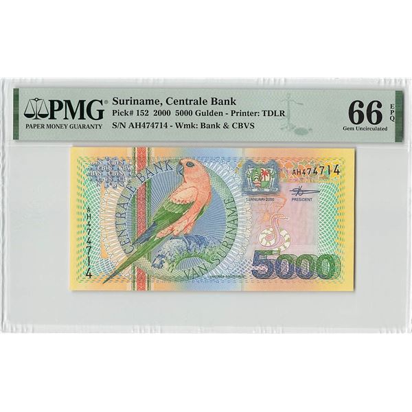 Suriname 5000 Gulden 2000 TDLR Pick 152 PMG Gem Uncirculated 66 EPQ