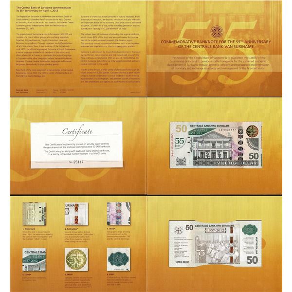Suriname 50 Dollar 2012 Commemorative 55th Anniversary UNC Pick 167