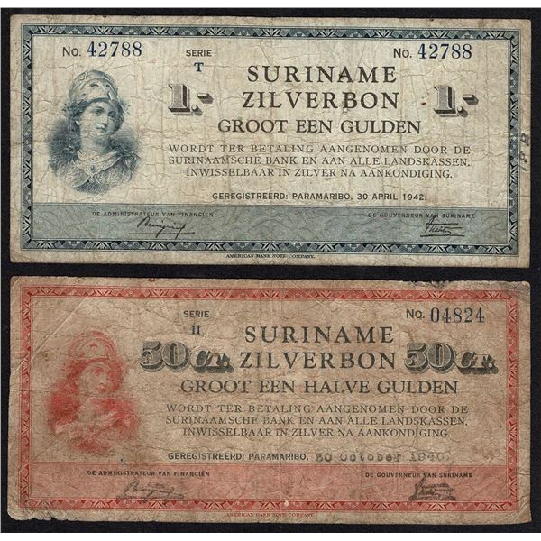Suriname 2x 1 ½ Gulden 1940 - 1942 ABNC Pick 104 - 105