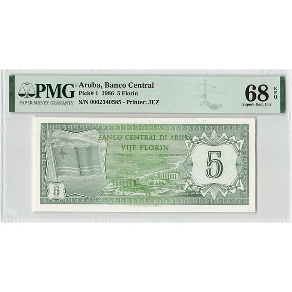 Aruba 5 Florin 1986 Pick 1 PMG Superb Gem UNC 68 EPQ