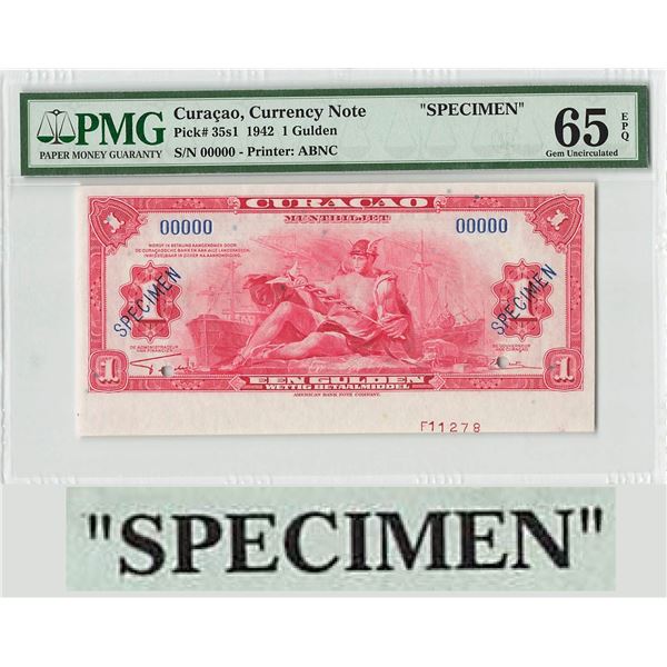 Curacao 1 Gulden 1942 Specimen Pick 35s1 PMG Gem UNC 65 EPQ (special variant with extra paper and sh