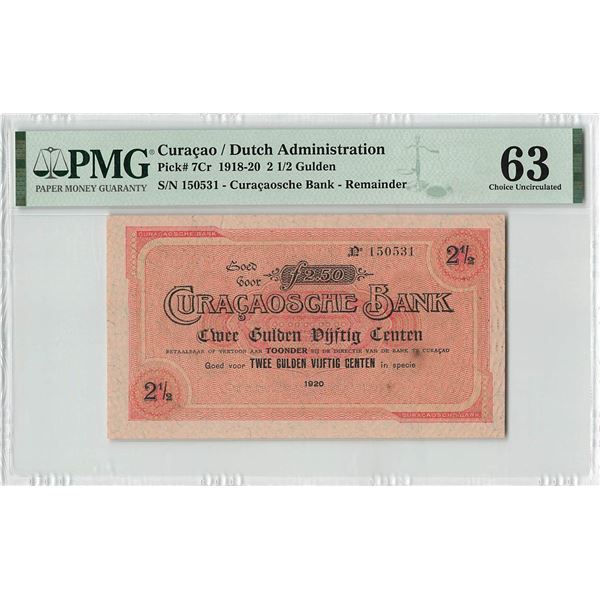 Curacao 2½ Gulden 1920 Remainder Pick 7Cr PMG Choice Uncirculated 63