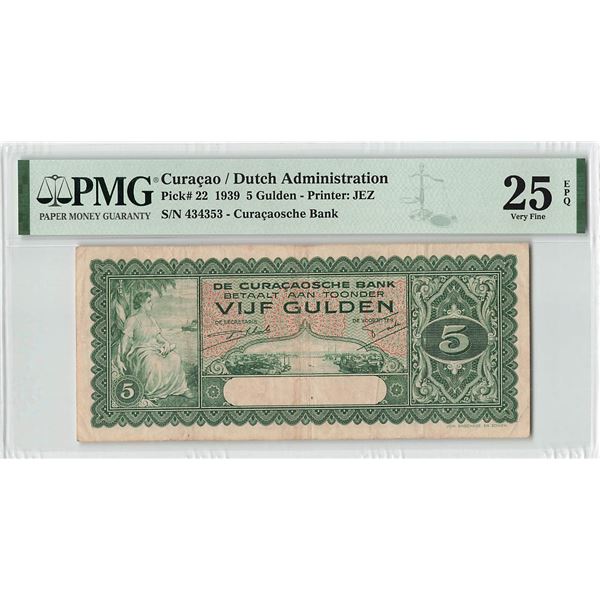 Curacao 5 Gulden 1939 JEZ Pick 22 PMG Very Fine 25 EPQ