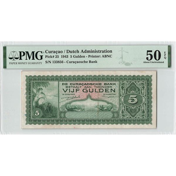 Curacao 5 Gulden 1943 Pick 25 PMG About Uncirculated 50 EPQ
