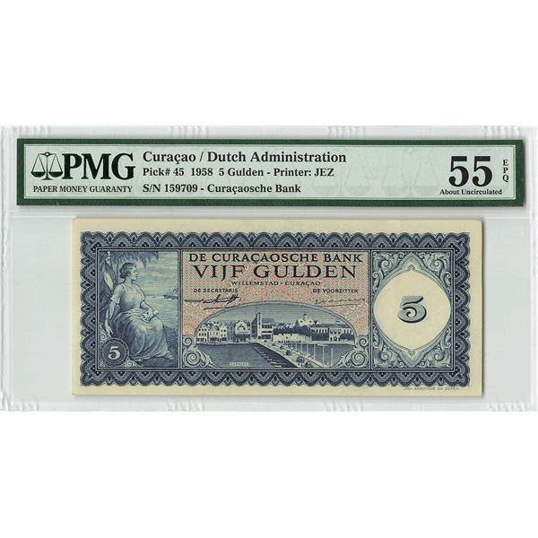 Curacao 5 Gulden 1958 JEZ Pick 45 PMG About Uncirculated 55 EPQ