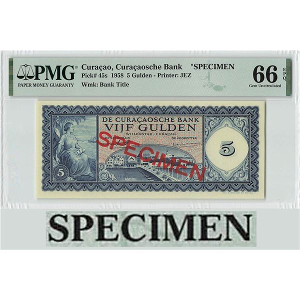 Curacao 5 Gulden 1958 Specimen Pick 45s PMG Gem UNC 66 EPQ
