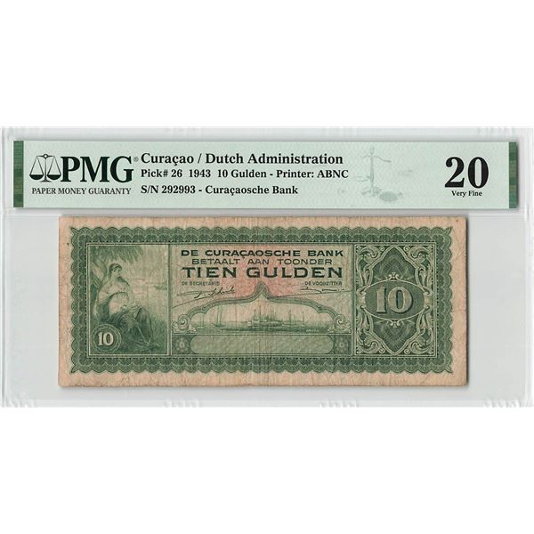 Curacao 10 Gulden 1943 ABNC Pick 26 PMG Very Fine 20