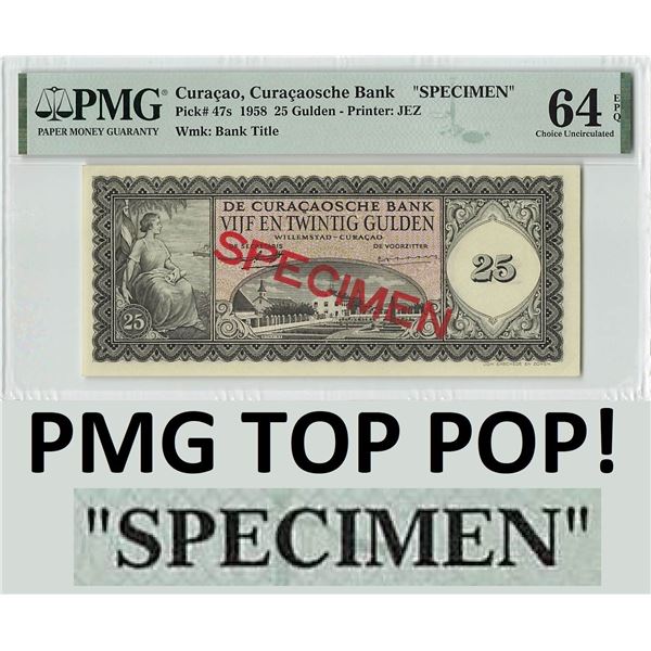 Curacao 25 Gulden 1958 Specimen Pick 47s PMG Choice Uncirculated 64 EPQ TOP POP
