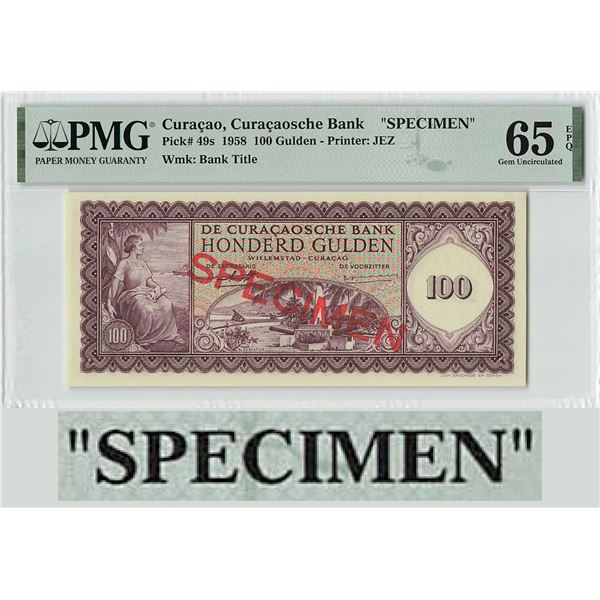 Curacao 100 Gulden 1958 Specimen Pick 49s PMG Gem Uncirculated 65 EPQ
