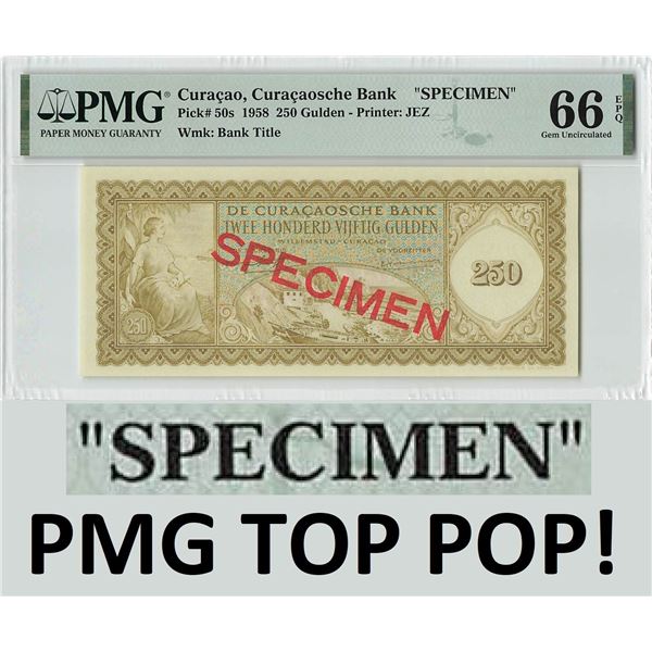 Curacao 250 Gulden 1958 Specimen Pick 50s PMG Gem UNC 66 EPQ