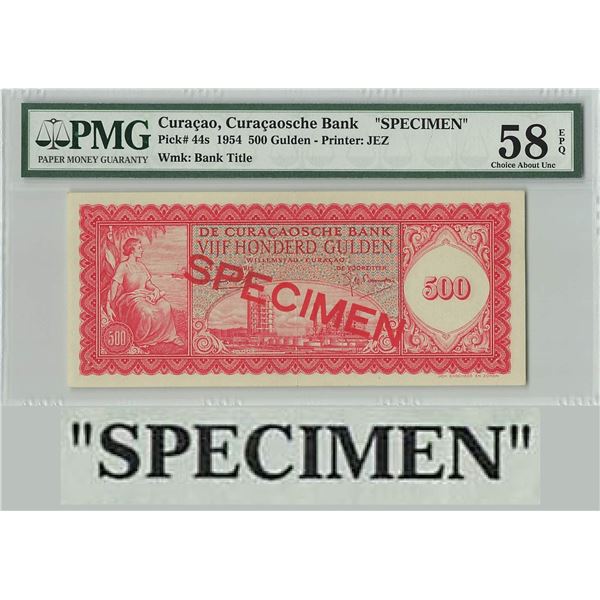 Curacao 500 Gulden 1954 Specimen Pick 44s PMG Choice About UNC 58 EPQ