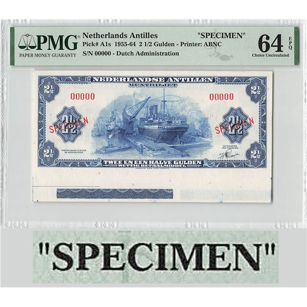 Netherlands Antilles 2½ Gulden 1955 Specimen Pick A1s PMG Choice UNC 64 EPQ (special variant with ex