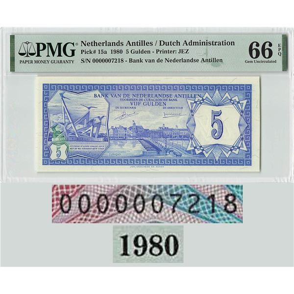 Netherlands Antilles 5 Gulden 1980 First Year and Low 7218 Serial! Pick 15a PMG Gem Uncirculated 66