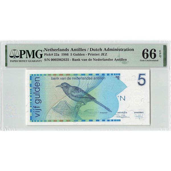 Netherlands Antilles 5 Gulden 1986 Pick 22a PMG Gem Uncirculated 66 EPQ