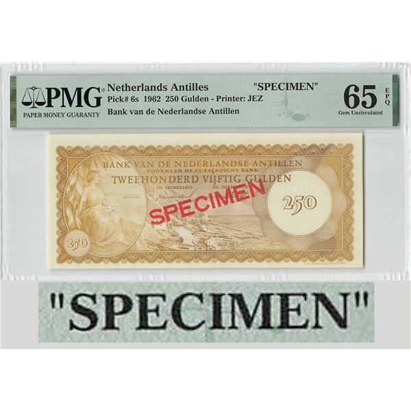 Netherlands Antilles 250 Gulden 1962 Specimen Pick 6s PMG Gem Uncirculated 65 EPQ
